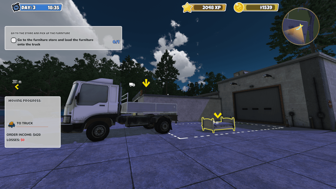 Screenshot of a game depicting a furniture delivery mission, with a white truck parked near a building and a bed frame highlighted as the pickup location. The game UI shows mission instructions, progress, money, and XP.
