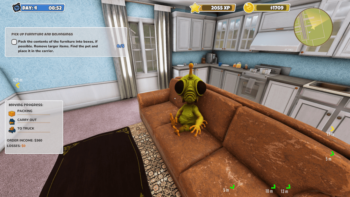 A first-person view of a video game interior, showing a living room with a brown, worn leather couch and a small, green alien-like creature sitting on it. The game interface shows a task list, time, and inventory information, with a mission to pack furniture and find the pet.
