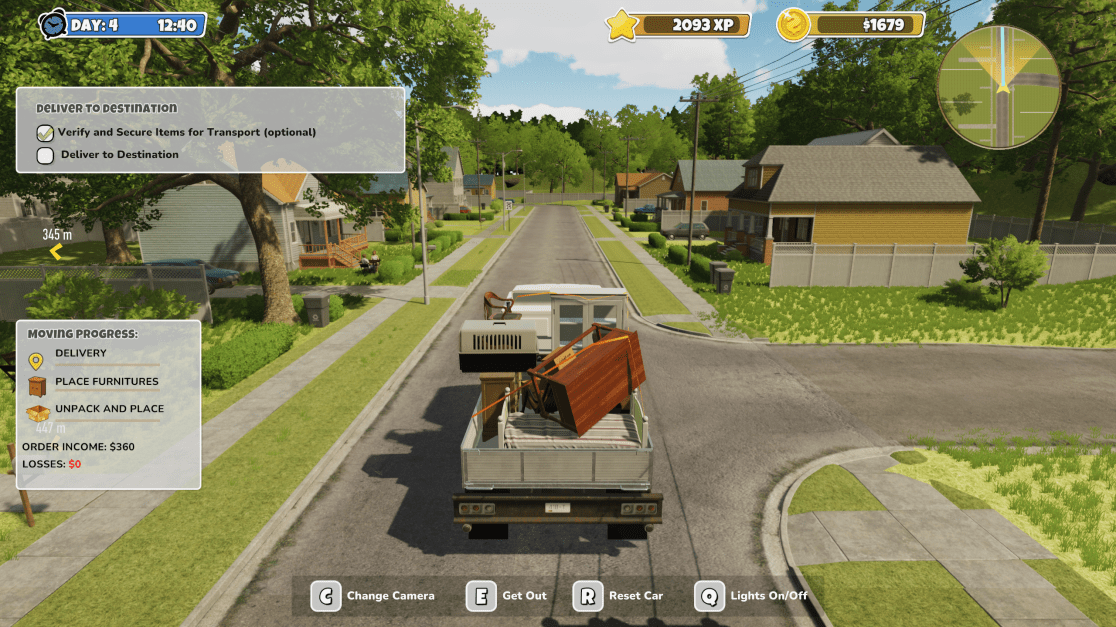 A first-person perspective in a video game shows a truck transporting furniture down a suburban street. The truck bed is filled with various items, including a dresser, a pet carrier, and other household objects. The game's user interface displays information about the day and time, the current objective to deliver items, a moving progress tracker, and the order income and any losses.
