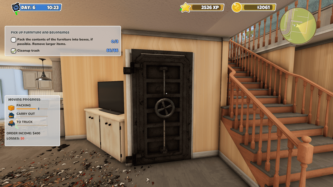 A first-person perspective in a video game setting shows the interior of a house being prepared for moving. The view is focused on a large, heavy, steel door that resembles a bank vault, set into a wall. The room features a staircase on the right, light-colored walls, and scattered debris on the floor, indicating a recent activity. The game's user interface is visible with moving progress, money, time, and tasks.
