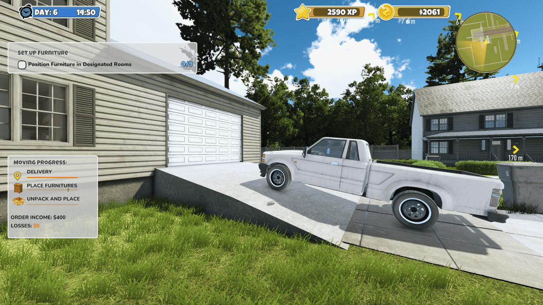 Screenshot from a moving simulation game, featuring a white pickup truck parked on a concrete driveway in front of a house, with gameplay UI elements indicating tasks like positioning furniture, delivery progress, and financial details.

